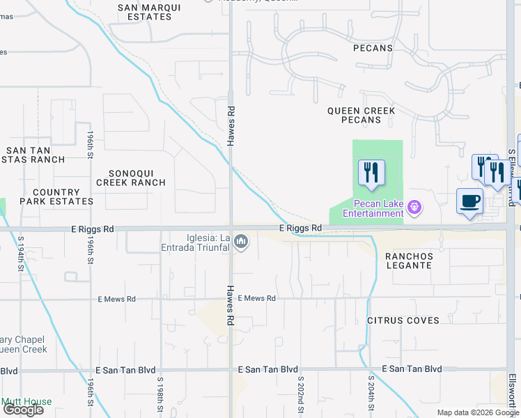 map of restaurants, bars, coffee shops, grocery stores, and more near 20094 East Riggs Road in Queen Creek
