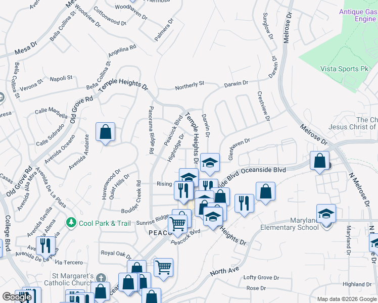 map of restaurants, bars, coffee shops, grocery stores, and more near 1412 Rolling Hills Drive in Oceanside