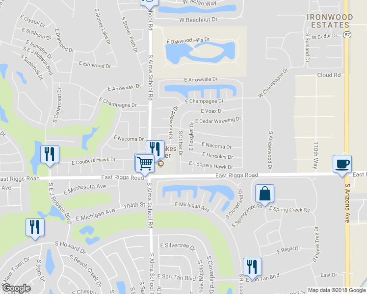 map of restaurants, bars, coffee shops, grocery stores, and more near 25011 South Drifter Drive in Chandler