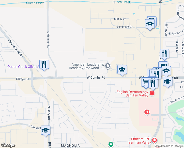 map of restaurants, bars, coffee shops, grocery stores, and more near in Queen Creek