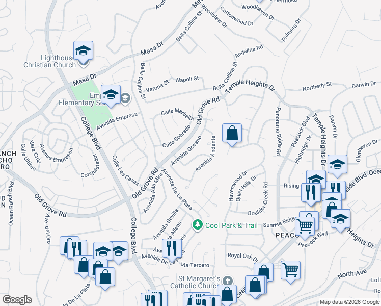 map of restaurants, bars, coffee shops, grocery stores, and more near 1632 Avenida Oceano in Oceanside