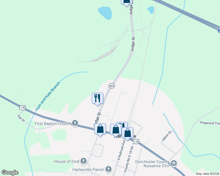 map of restaurants, bars, coffee shops, grocery stores, and more near in Harleyville