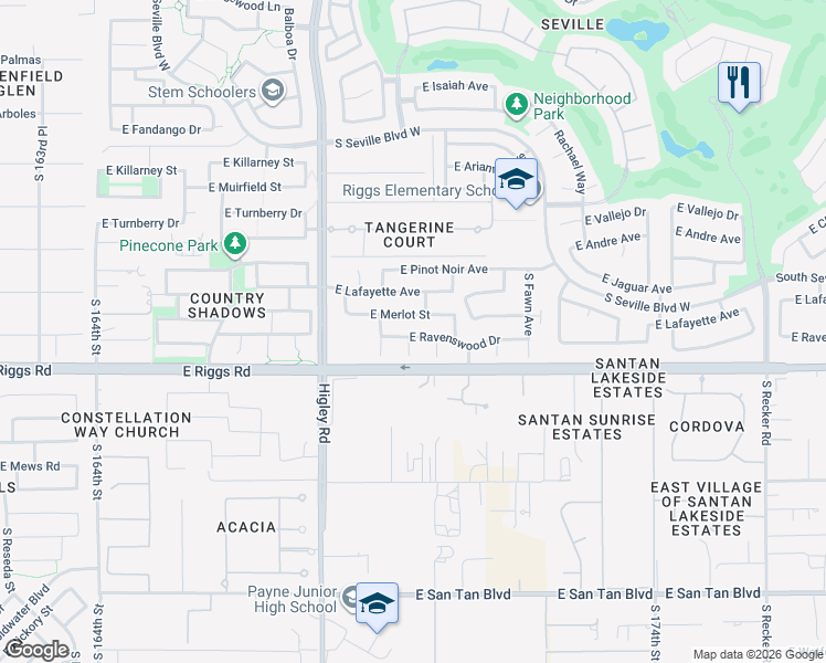 map of restaurants, bars, coffee shops, grocery stores, and more near 3364 East Ravenswood Drive in Gilbert