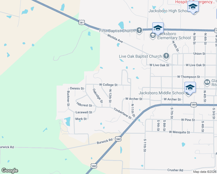 map of restaurants, bars, coffee shops, grocery stores, and more near 1521 West College Street in Jacksboro