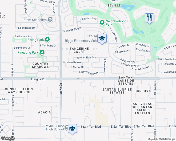 map of restaurants, bars, coffee shops, grocery stores, and more near 3428 East Ravenswood Drive in Gilbert