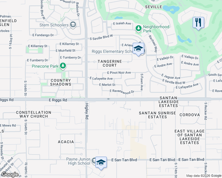 map of restaurants, bars, coffee shops, grocery stores, and more near 3364 East Ravenswood Drive in Gilbert