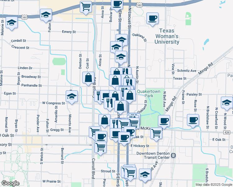 map of restaurants, bars, coffee shops, grocery stores, and more near 715 North Elm Street in Denton