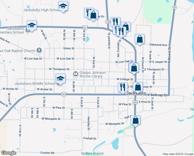 map of restaurants, bars, coffee shops, grocery stores, and more near 418 West College Street in Jacksboro