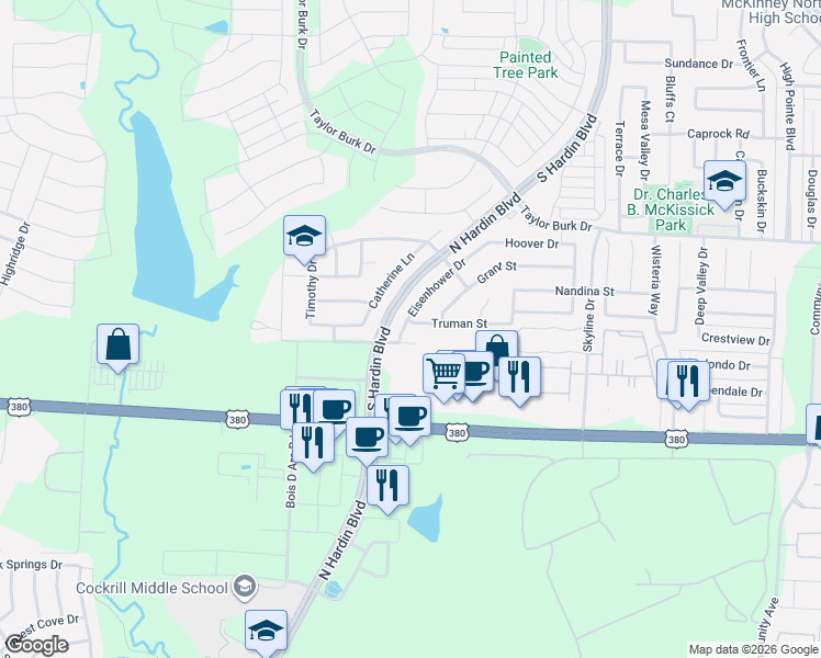 map of restaurants, bars, coffee shops, grocery stores, and more near 3629 Truman Street in McKinney