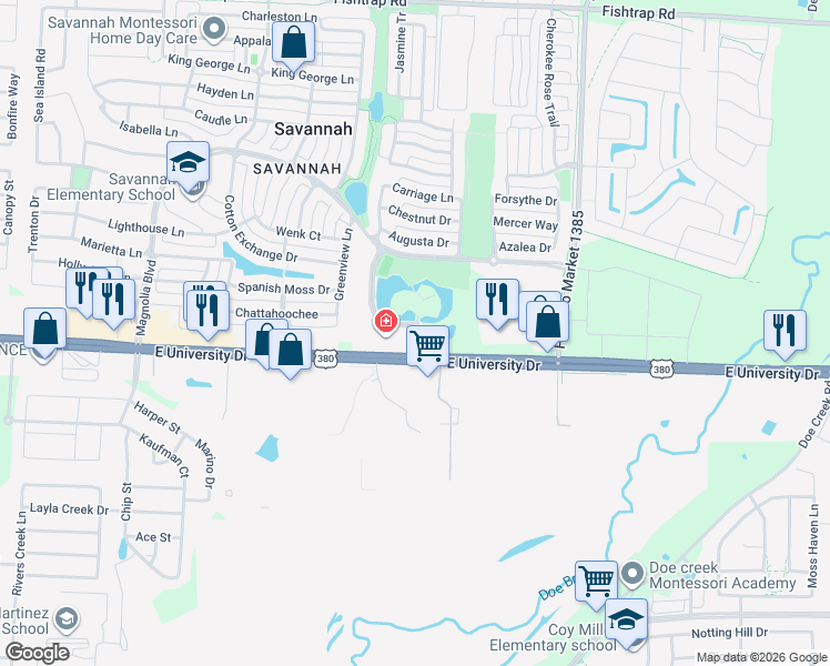map of restaurants, bars, coffee shops, grocery stores, and more near Savannah Boulevard in Aubrey