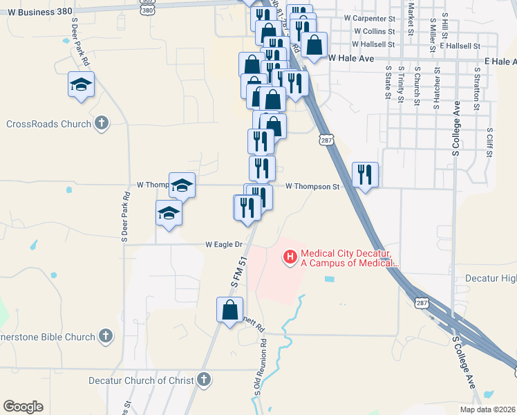 map of restaurants, bars, coffee shops, grocery stores, and more near 1822 Farm to Market 51 in Decatur