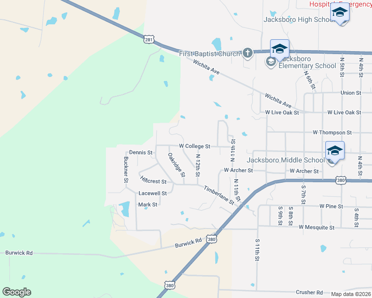 map of restaurants, bars, coffee shops, grocery stores, and more near 1624 West College Street in Jacksboro