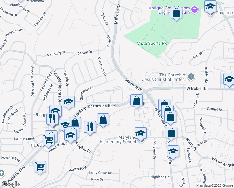 map of restaurants, bars, coffee shops, grocery stores, and more near 2401 Catalina Circle in Oceanside