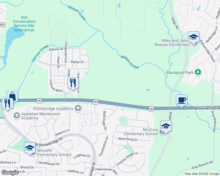 map of restaurants, bars, coffee shops, grocery stores, and more near 7000 West University Drive in McKinney