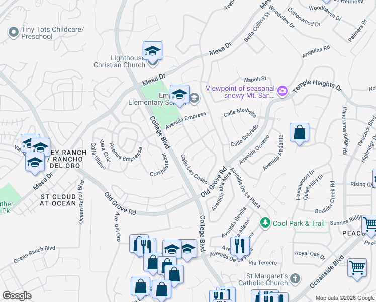 map of restaurants, bars, coffee shops, grocery stores, and more near 1624 Calle Las Casas in Oceanside