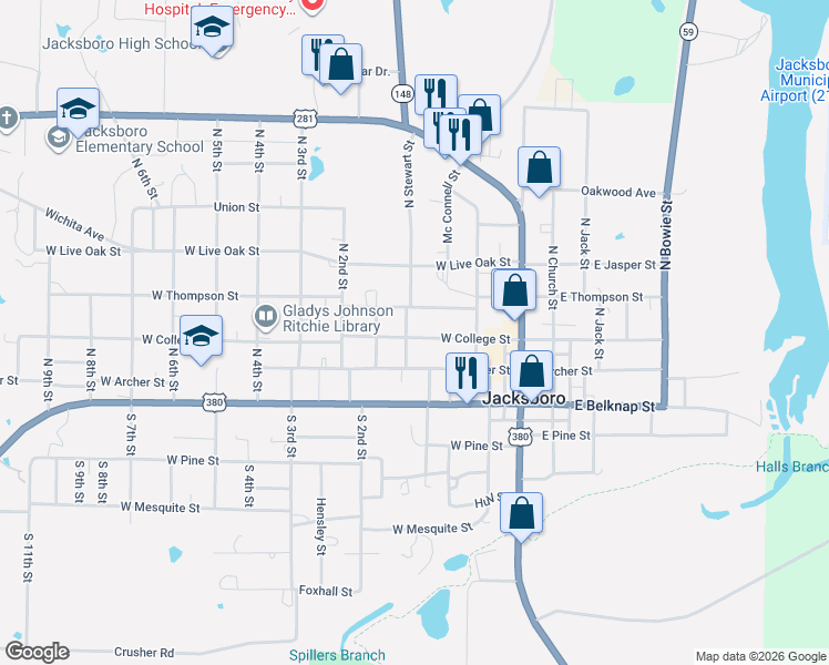 map of restaurants, bars, coffee shops, grocery stores, and more near 258 West College Street in Jacksboro