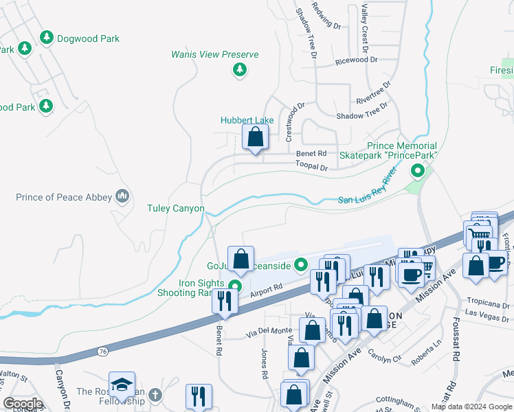 map of restaurants, bars, coffee shops, grocery stores, and more near San Luis Rey River Trail in Oceanside