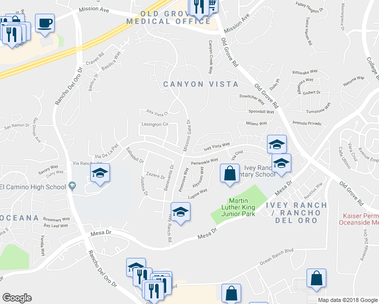 map of restaurants, bars, coffee shops, grocery stores, and more near 4003 Ivey Vista Way in Oceanside