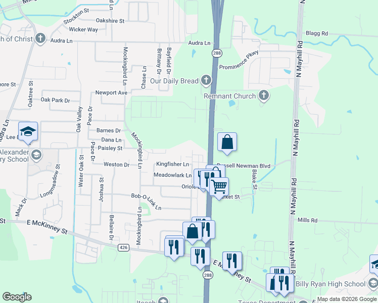 map of restaurants, bars, coffee shops, grocery stores, and more near 517 Cardinal Drive in Denton