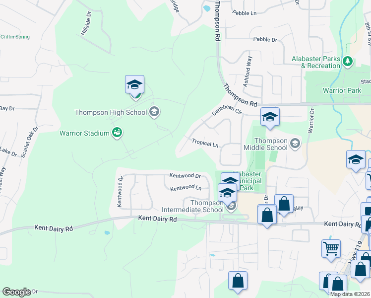 map of restaurants, bars, coffee shops, grocery stores, and more near 1633 Caribbean Circle in Alabaster