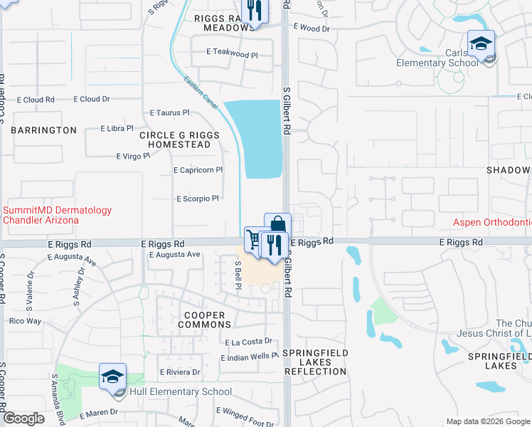 map of restaurants, bars, coffee shops, grocery stores, and more near 5900 South Gilbert Road in Chandler