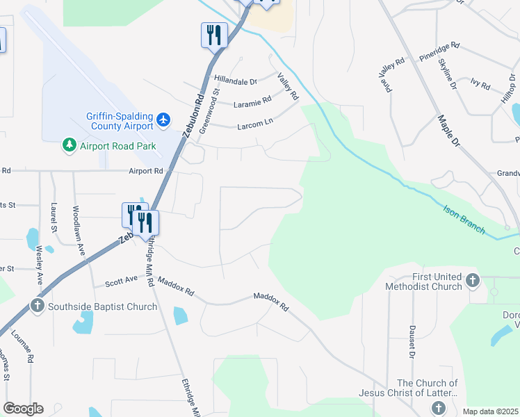 map of restaurants, bars, coffee shops, grocery stores, and more near Coldwater Way in Griffin