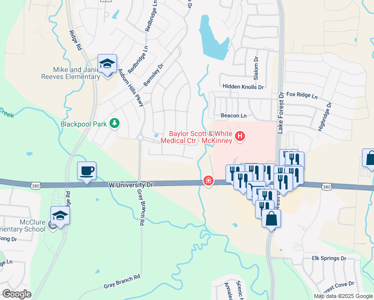 map of restaurants, bars, coffee shops, grocery stores, and more near 2050 Grafton Lane in McKinney