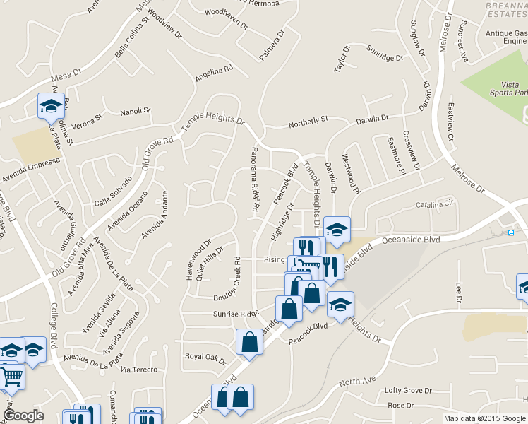 map of restaurants, bars, coffee shops, grocery stores, and more near 1453 Peacock Boulevard in Oceanside