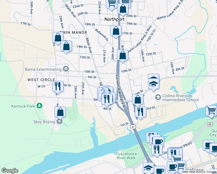 map of restaurants, bars, coffee shops, grocery stores, and more near 607 Main Avenue in Northport