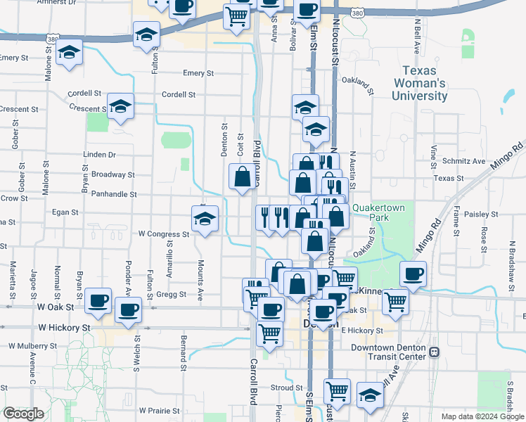 map of restaurants, bars, coffee shops, grocery stores, and more near 702 North Carroll Boulevard in Denton