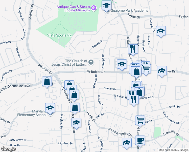 map of restaurants, bars, coffee shops, grocery stores, and more near 1356 Bobolink Drive in Vista