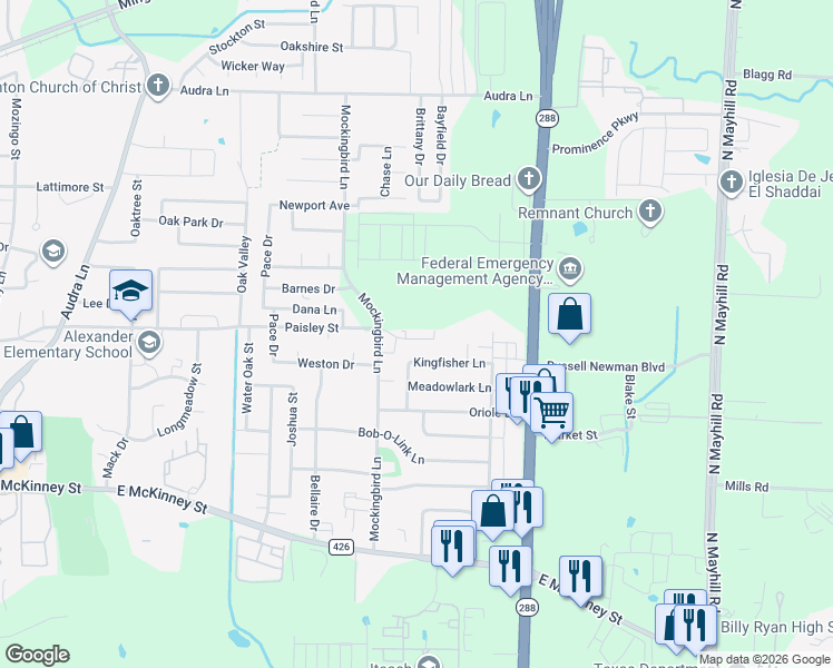 map of restaurants, bars, coffee shops, grocery stores, and more near 3409 Paisley St in Denton
