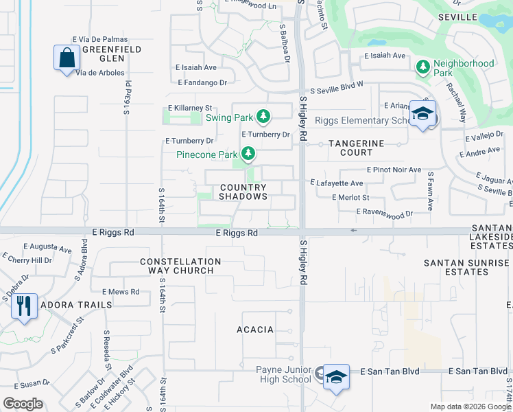 map of restaurants, bars, coffee shops, grocery stores, and more near 3068 East Ravenswood Drive in Gilbert