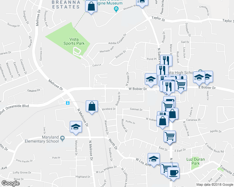 map of restaurants, bars, coffee shops, grocery stores, and more near 1356 Bobolink Drive in Vista