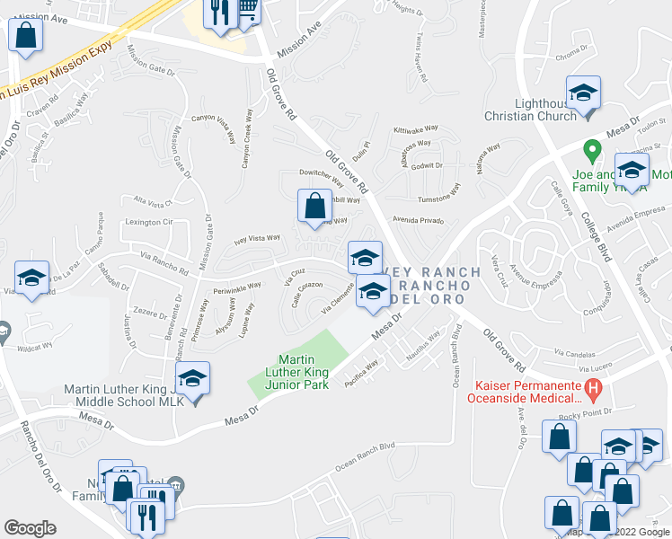 map of restaurants, bars, coffee shops, grocery stores, and more near 457 Via Cruz in Oceanside