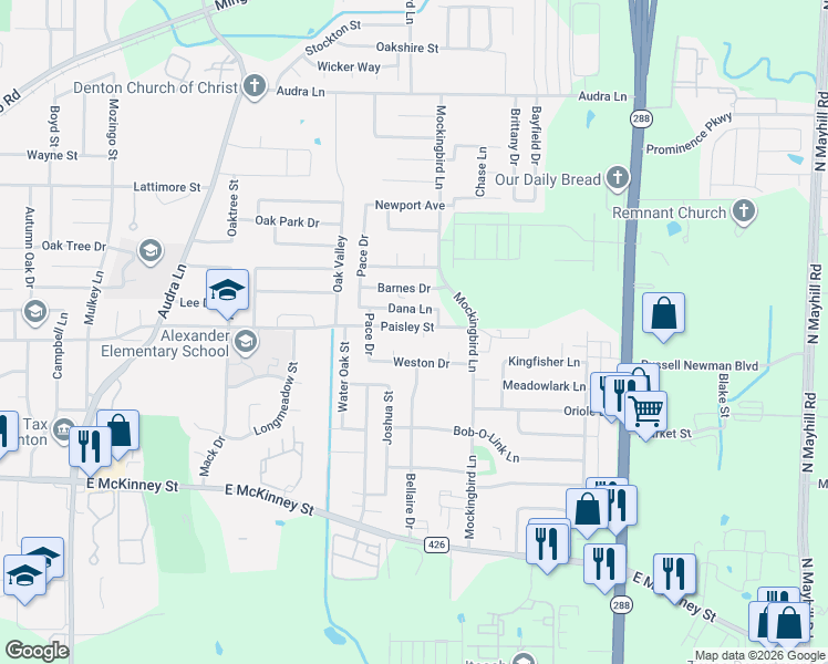 map of restaurants, bars, coffee shops, grocery stores, and more near 420 Meng Circle in Denton