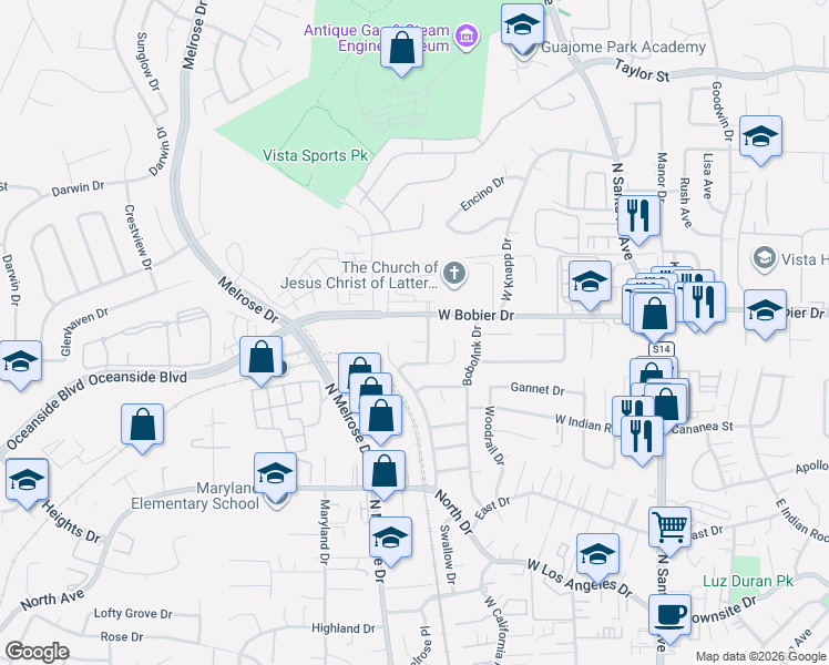 map of restaurants, bars, coffee shops, grocery stores, and more near 515 Mynah Place in Vista