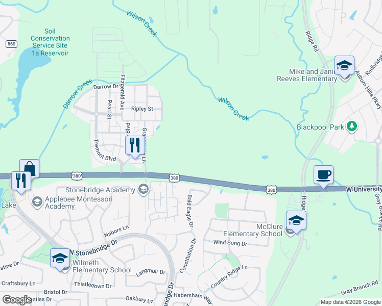 map of restaurants, bars, coffee shops, grocery stores, and more near 7000 West University Drive in McKinney