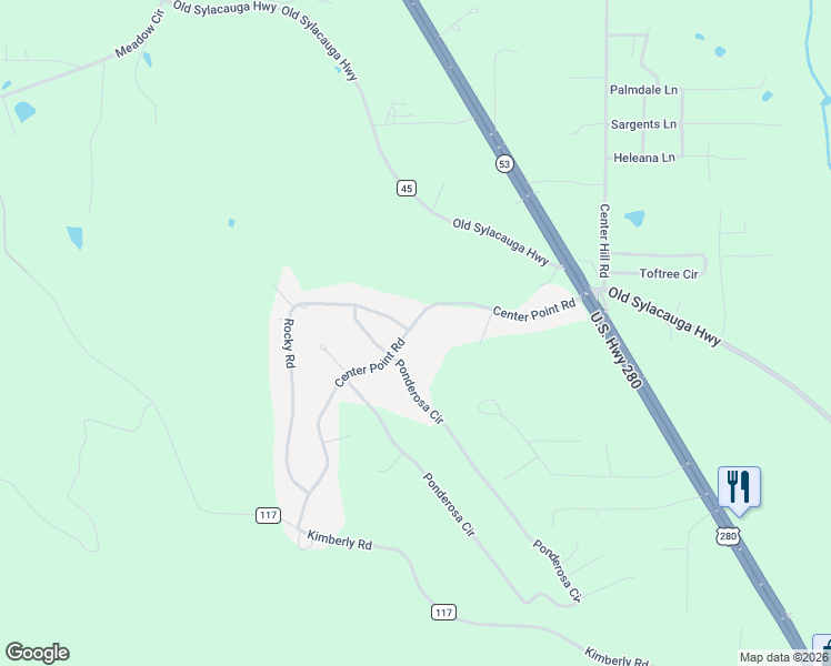 map of restaurants, bars, coffee shops, grocery stores, and more near 435 Center Point Road in Sylacauga