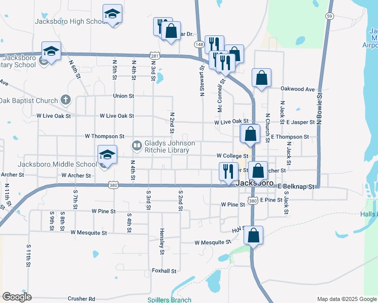 map of restaurants, bars, coffee shops, grocery stores, and more near 418 West College Street in Jacksboro