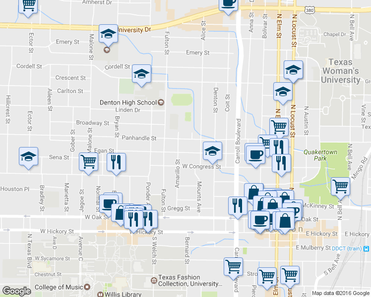 map of restaurants, bars, coffee shops, grocery stores, and more near 910 Egan St in Denton