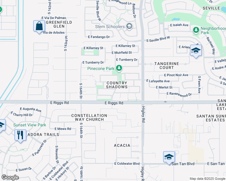 map of restaurants, bars, coffee shops, grocery stores, and more near 3003 East Merlot Street in Gilbert