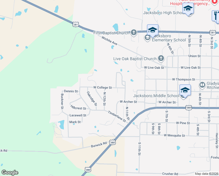 map of restaurants, bars, coffee shops, grocery stores, and more near 1521 West College Street in Jacksboro