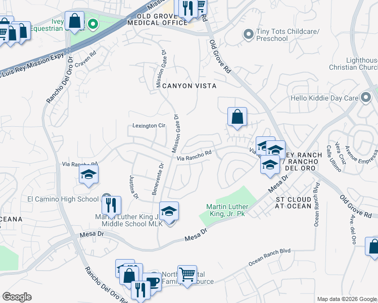 map of restaurants, bars, coffee shops, grocery stores, and more near 4026 Ivey Vista Way in Oceanside