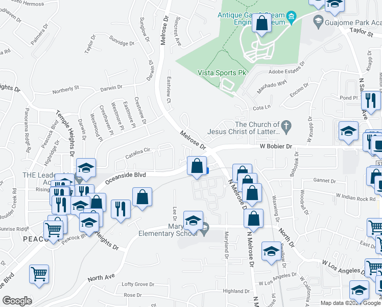 map of restaurants, bars, coffee shops, grocery stores, and more near 1622 Fig Tree Way in Oceanside