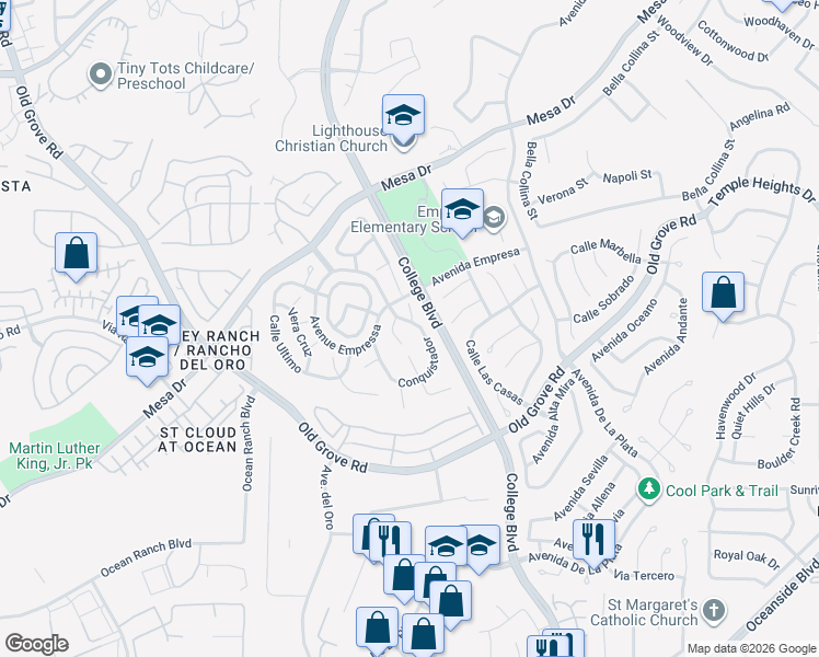 map of restaurants, bars, coffee shops, grocery stores, and more near 1517 Corte Roberto in Oceanside