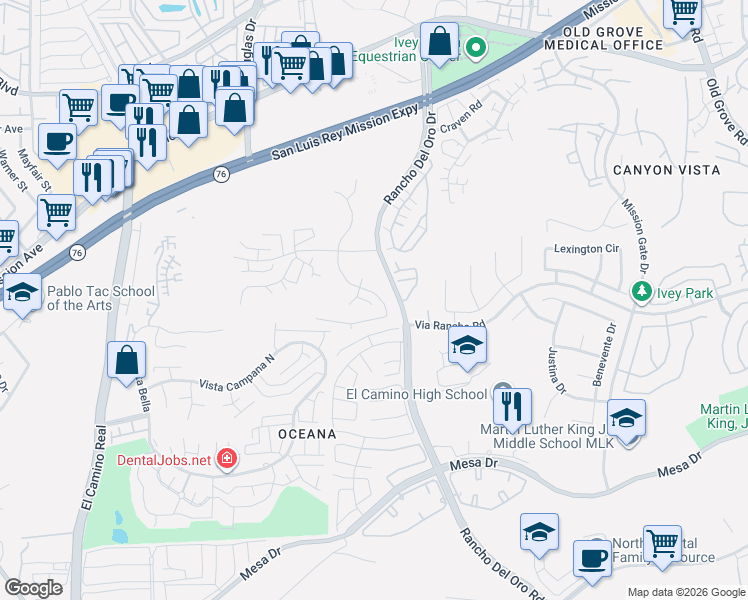 map of restaurants, bars, coffee shops, grocery stores, and more near 3929 San Lorenzo Court in Oceanside