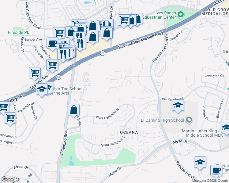 map of restaurants, bars, coffee shops, grocery stores, and more near 3853 San Ramon Drive in Oceanside