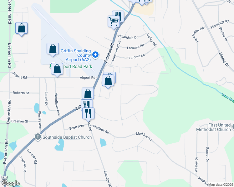 map of restaurants, bars, coffee shops, grocery stores, and more near 1084 Cold Water Drive in Griffin