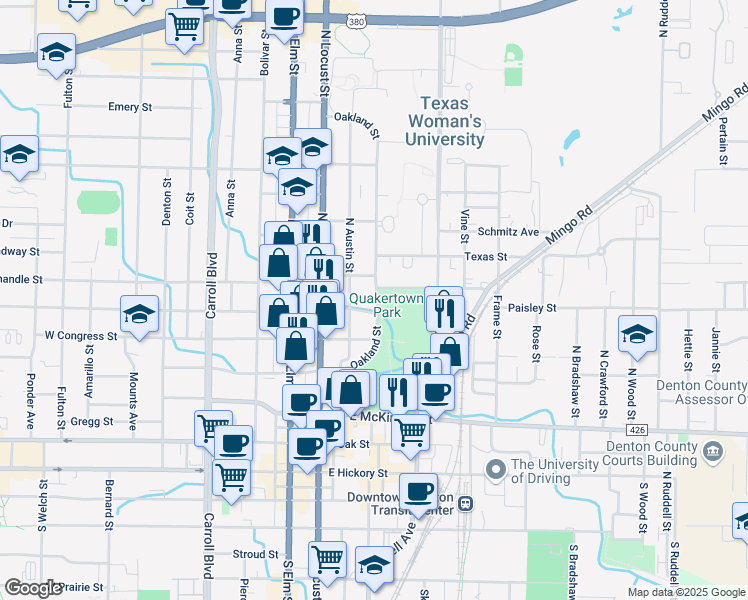 map of restaurants, bars, coffee shops, grocery stores, and more near 700 Oakland Street in Denton